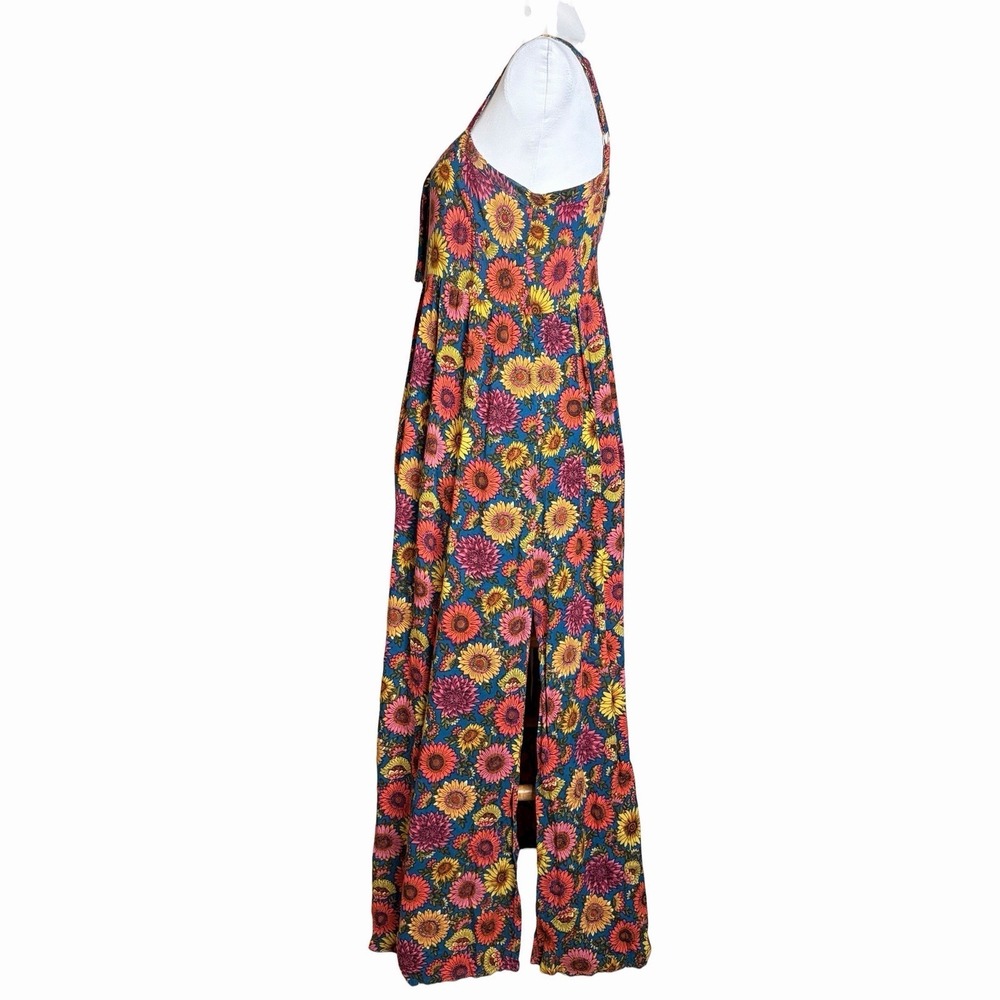 Natural Life Patti Maxi Dress L Teal Sunflower Tie Front Empire Waist Side Slit - Picture 3 of 9